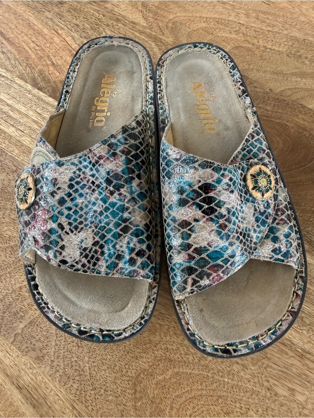 Alegria Teal and Pink Snakeskin Slide Sandals